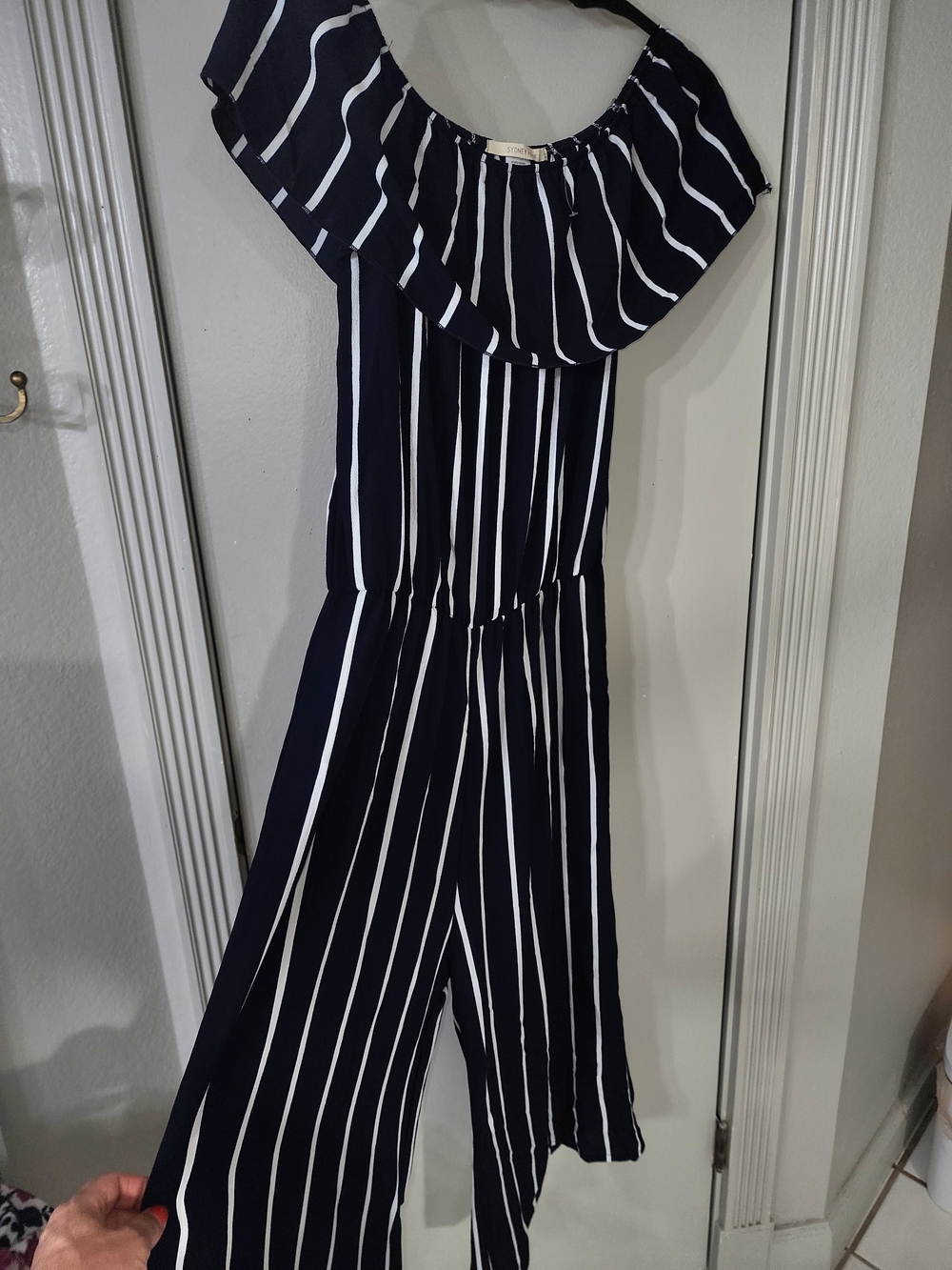 Navy & White Striped Off-Shoulder Jumpsuit